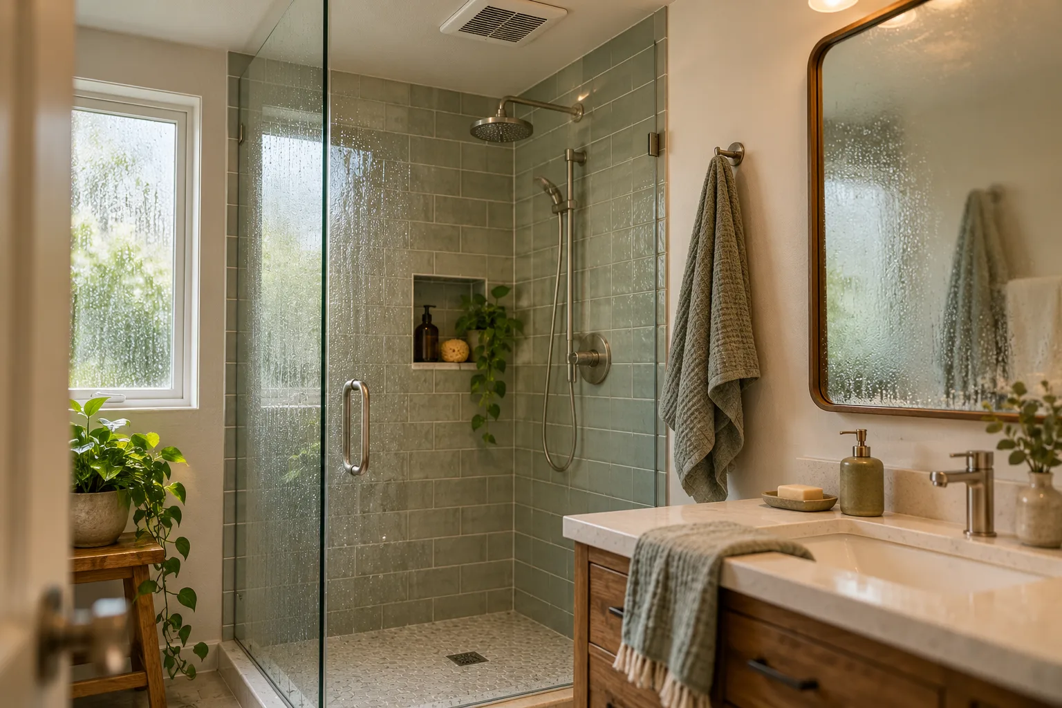 A tiled bathroom with a shower, ceiling exhaust fan, and moisture on the mirror