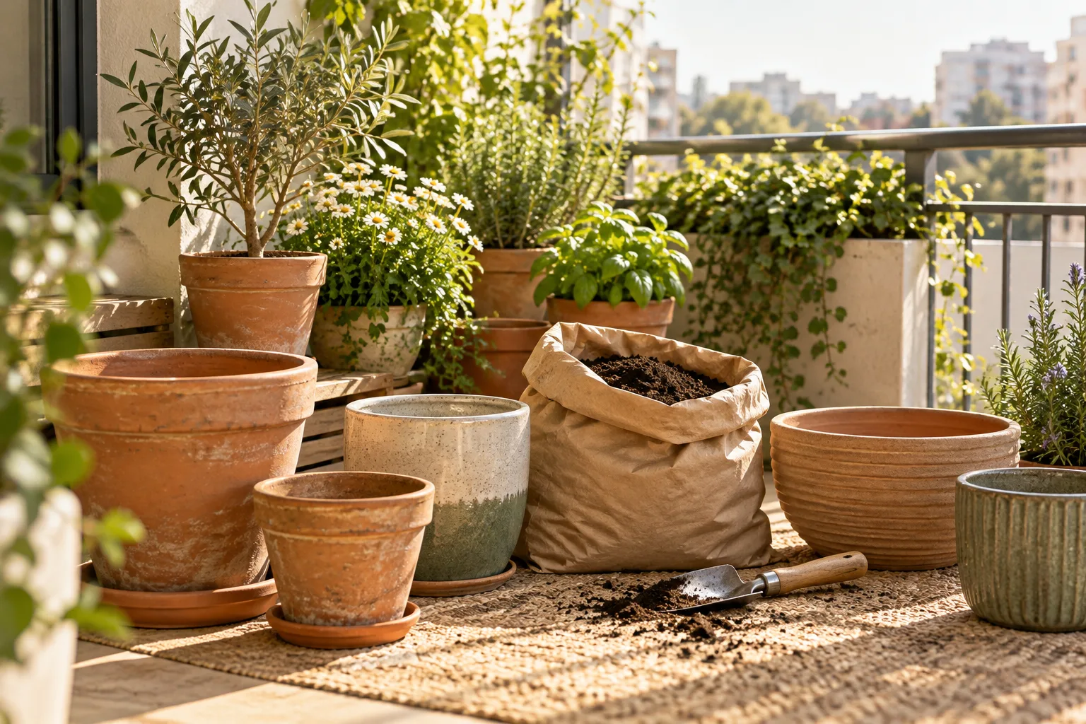 Empty and planted containers with potting mix and a hand trowel on a small sunny balcony
