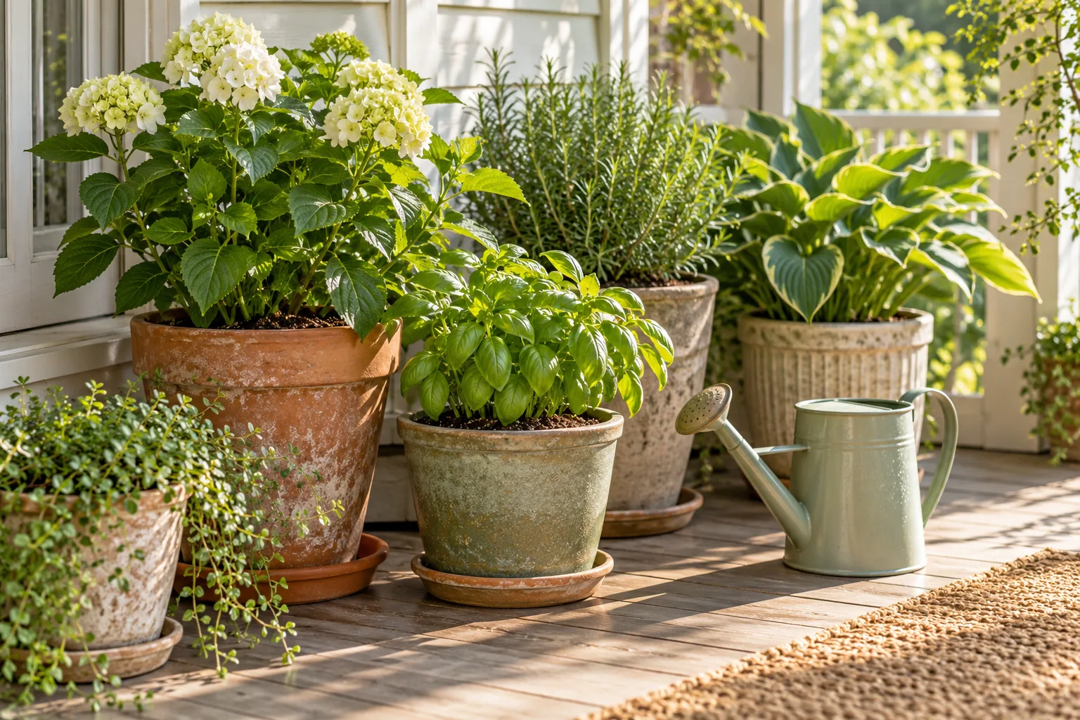 A watering can beside several leafy container plants on a sunny porch