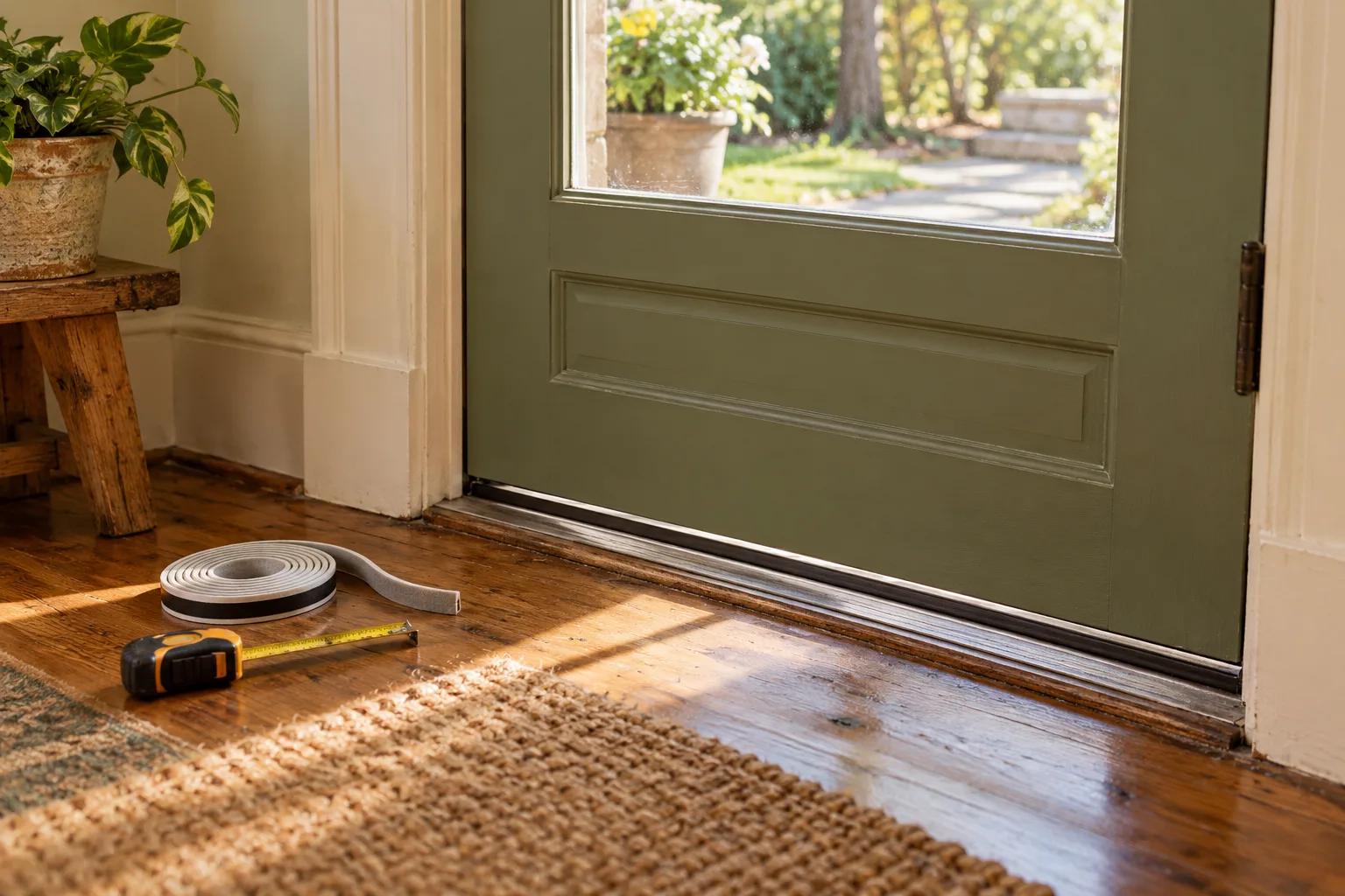 A green exterior door with weatherstripping and a tape measure beside the threshold