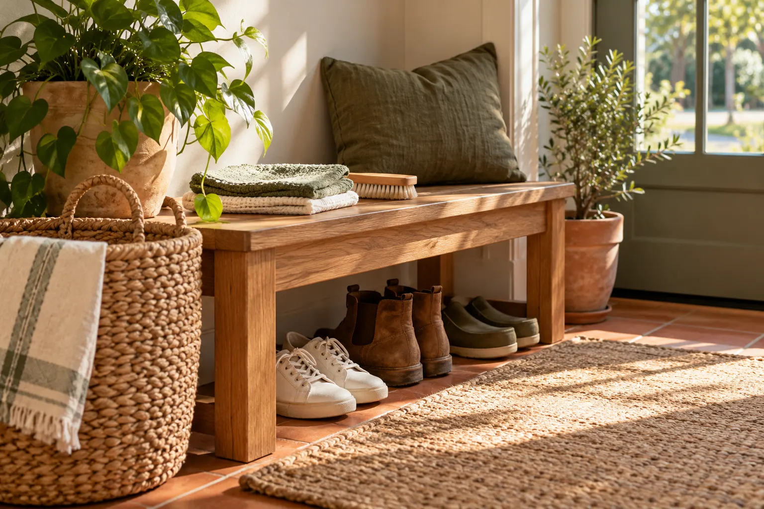 A simple sunlit entryway with an oak bench, basket, shoes, and a plant
