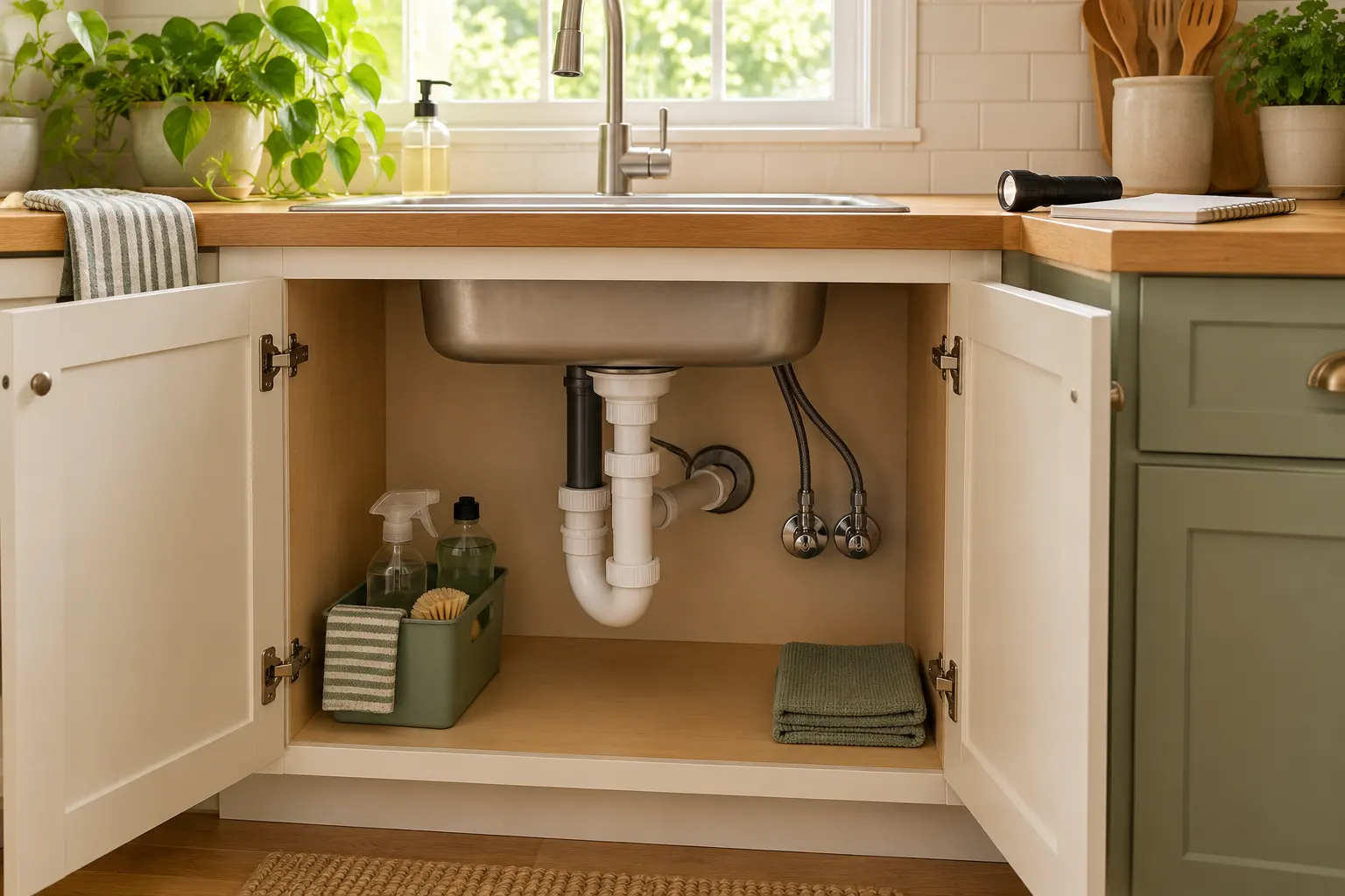 An open kitchen sink cabinet with visible plumbing and a flashlight nearby