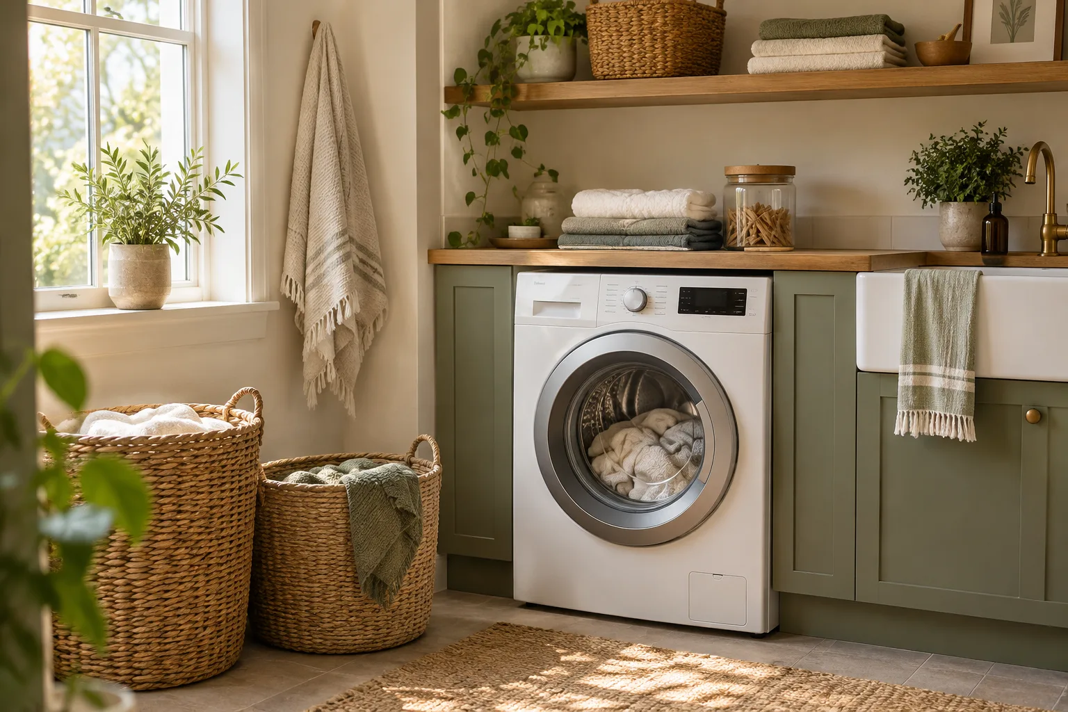 A compact laundry nook with a washer, two baskets, folded towels, and a shelf