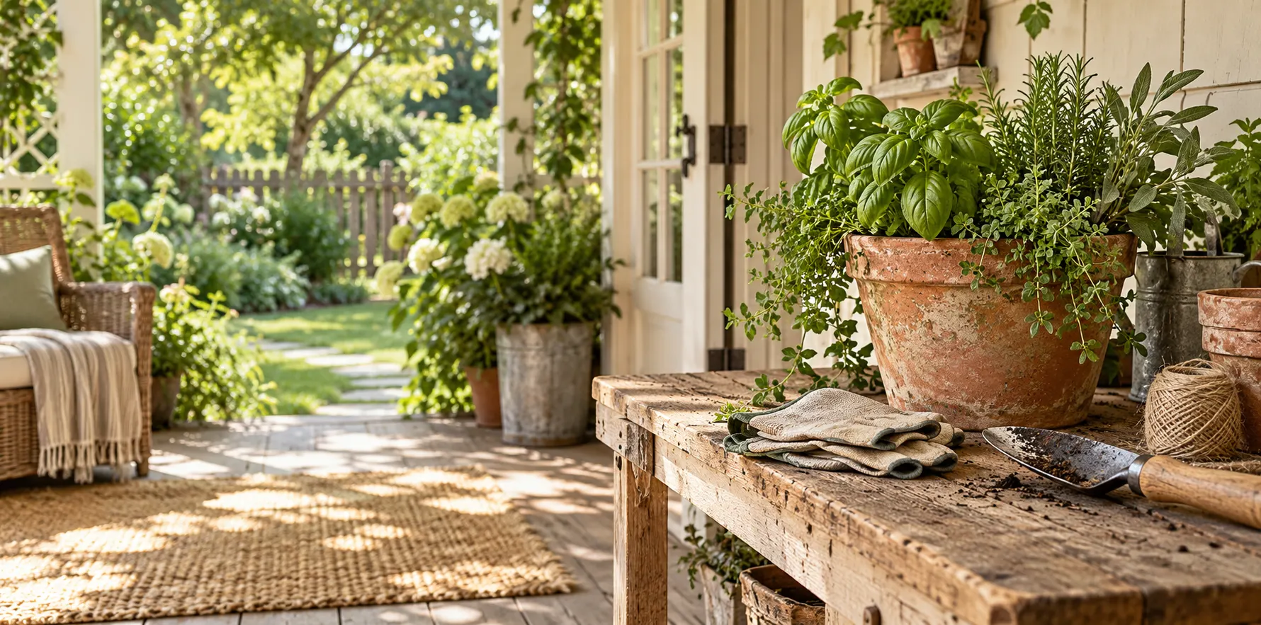 Sunlit porch with potted herbs and simple garden tools