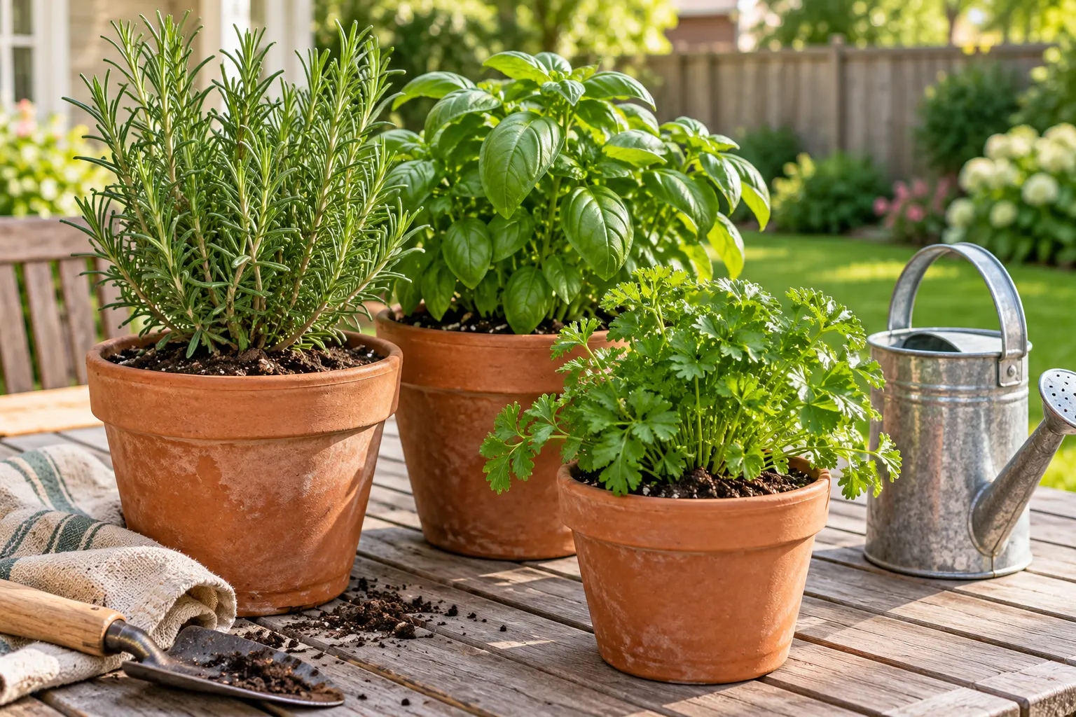 Rosemary, basil, and parsley growing in terracotta pots on an outdoor table