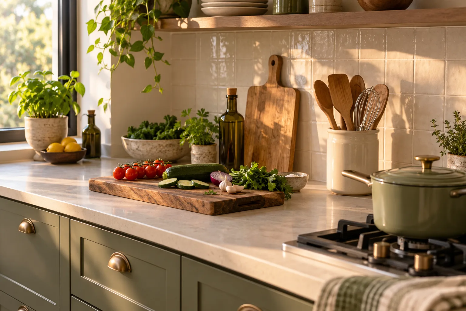 A compact kitchen counter with vegetables, a cutting board, saucepan, and everyday utensils